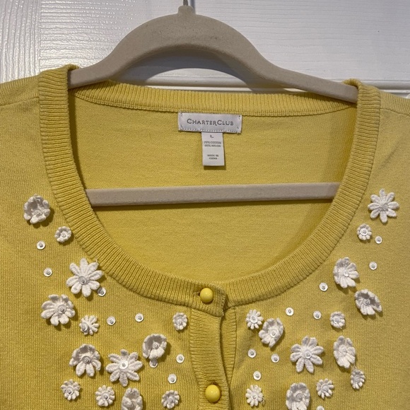 Charter Club Size L Yellow White Daisy Embellished Button Front Cardigan - Picture 2 of 12